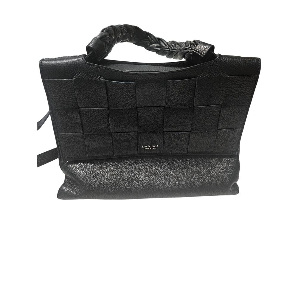Lia Numa Black Italian Leather Woven Flap Bag Crossbody/Shoulder